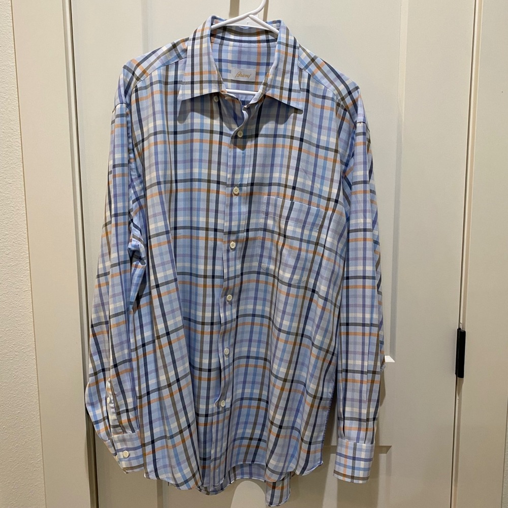 Brioni Men's Long Sleeve Italian Dress Shirt. XL. Blue/White Plaid. Cotton.